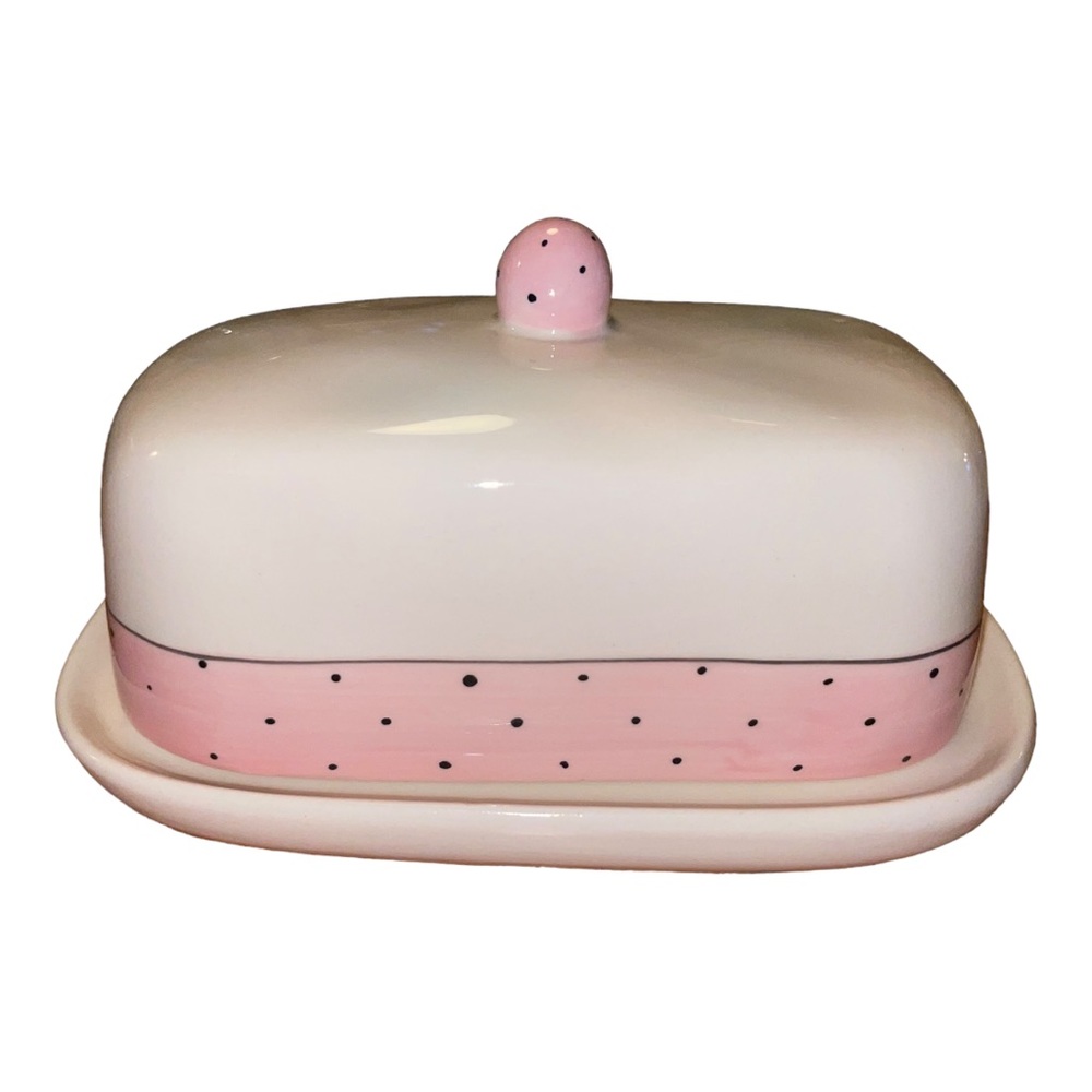 Rae Dunn butter dish Smear. Typewriter pink polka dot - Picture 2 of 7